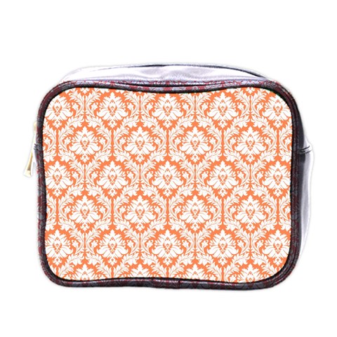 White On Orange Damask Mini Travel Toiletry Bag (One Side) from ArtsNow.com Front