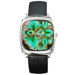 Spring Leaves, Abstract Crystal Flower Garden Square Leather Watch