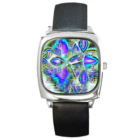 Abstract Peacock Celebration, Golden Violet Teal Square Leather Watch from ArtsNow.com Front