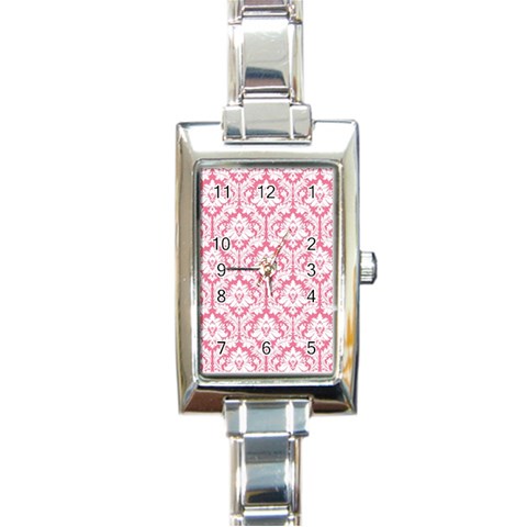 White On Soft Pink Damask Rectangular Italian Charm Watch from ArtsNow.com Front