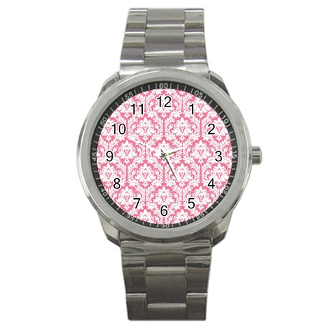 White On Soft Pink Damask Sport Metal Watch from ArtsNow.com Front