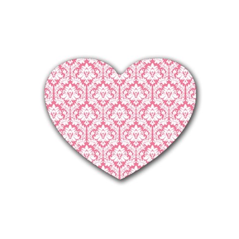 White On Soft Pink Damask Drink Coasters (Heart) from ArtsNow.com Front