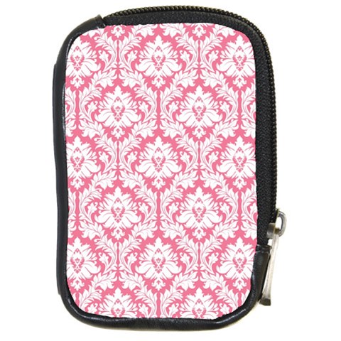 White On Soft Pink Damask Compact Camera Leather Case from ArtsNow.com Front