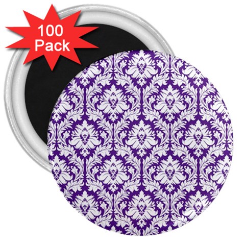 White on Purple Damask 3  Button Magnet (100 pack) from ArtsNow.com Front