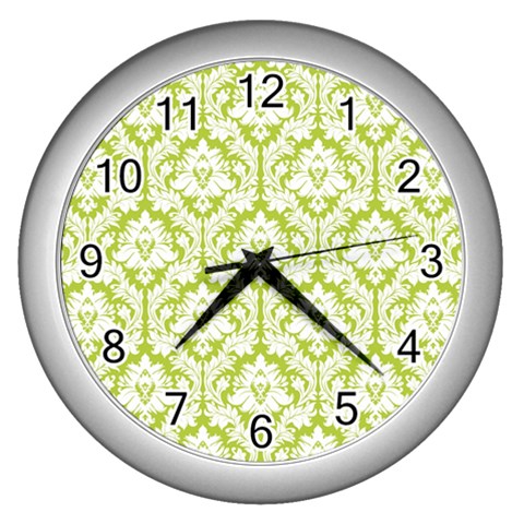 White On Spring Green Damask Wall Clock (Silver) from ArtsNow.com Front