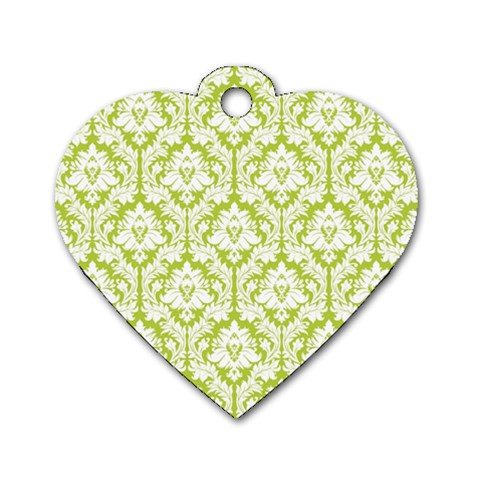 White On Spring Green Damask Dog Tag Heart (One Sided)  from ArtsNow.com Front