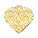 White On Sunny Yellow Damask Dog Tag Heart (One Sided) 