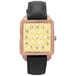 White On Sunny Yellow Damask Rose Gold Leather Watch 