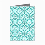 White On Turquoise Damask Mini Greeting Card (8 Pack)