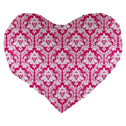 Hot Pink Damask Pattern Large 19  Premium Heart Shape Cushion from ArtsNow.com Back