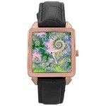Rose Apple Green Dreams, Abstract Water Garden Rose Gold Leather Watch 