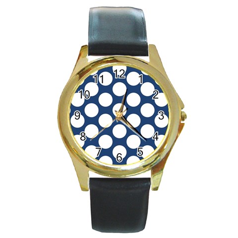 Dark Blue Polkadot Round Leather Watch (Gold Rim)  from ArtsNow.com Front