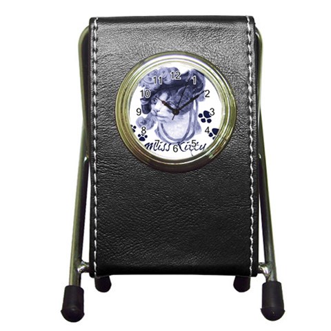 Miss Kitty blues Stationery Holder Clock from ArtsNow.com Front