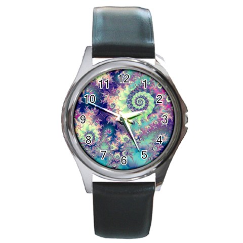 Violet Teal Sea Shells, Abstract Underwater Forest Round Metal Watch from ArtsNow.com Front