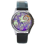 Sea Shell Spiral, Abstract Violet Cyan Stars Round Leather Watch (Silver Rim)