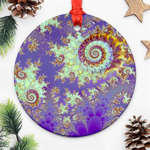 Sea Shell Spiral, Abstract Violet Cyan Stars Round Ornament from ArtsNow.com Front