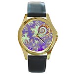 Sea Shell Spiral, Abstract Violet Cyan Stars Round Leather Watch (Gold Rim) Sea Shell Spiral, Abstract Violet Cyan Stars Round Leather Watch (Gold Rim)