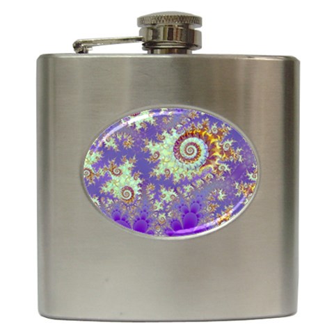 Sea Shell Spiral, Abstract Violet Cyan Stars Hip Flask from ArtsNow.com Front