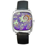 Sea Shell Spiral, Abstract Violet Cyan Stars Square Leather Watch