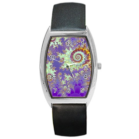 Sea Shell Spiral, Abstract Violet Cyan Stars Tonneau Leather Watch from ArtsNow.com Front