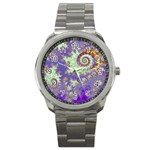 Sea Shell Spiral, Abstract Violet Cyan Stars Sport Metal Watch