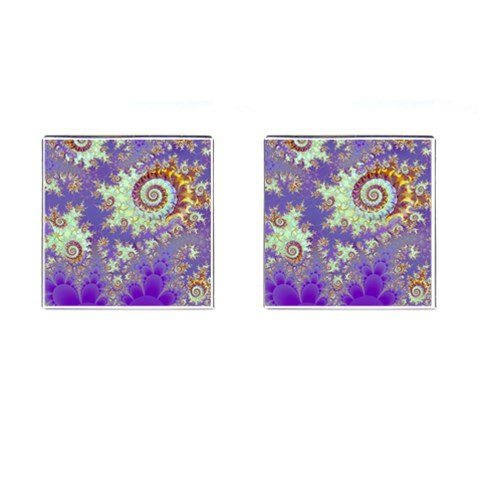 Sea Shell Spiral, Abstract Violet Cyan Stars Cufflinks (Square) from ArtsNow.com Front(Pair)