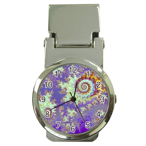 Sea Shell Spiral, Abstract Violet Cyan Stars Money Clip with Watch from ArtsNow.com Front