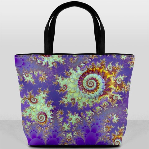 Sea Shell Spiral, Abstract Violet Cyan Stars Bucket Handbag from ArtsNow.com Front