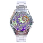 Sea Shell Spiral, Abstract Violet Cyan Stars Stainless Steel Watch