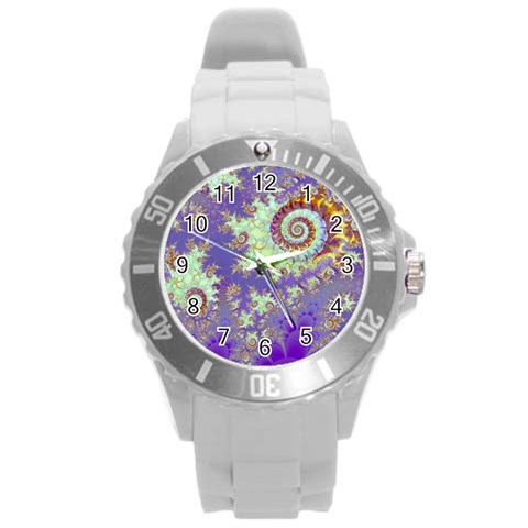 Sea Shell Spiral, Abstract Violet Cyan Stars Plastic Sport Watch (Large) from ArtsNow.com Front