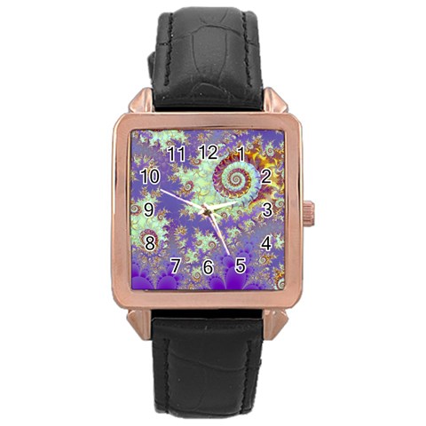 Sea Shell Spiral, Abstract Violet Cyan Stars Rose Gold Leather Watch  from ArtsNow.com Front