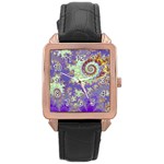 Sea Shell Spiral, Abstract Violet Cyan Stars Rose Gold Leather Watch 