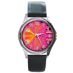 Magenta Boardwalk Carnival, Abstract Ocean Shimmer Round Leather Watch (Silver Rim) Magenta Boardwalk Carnival, Abstract Ocean Shimmer Round Leather Watch (Silver Rim)