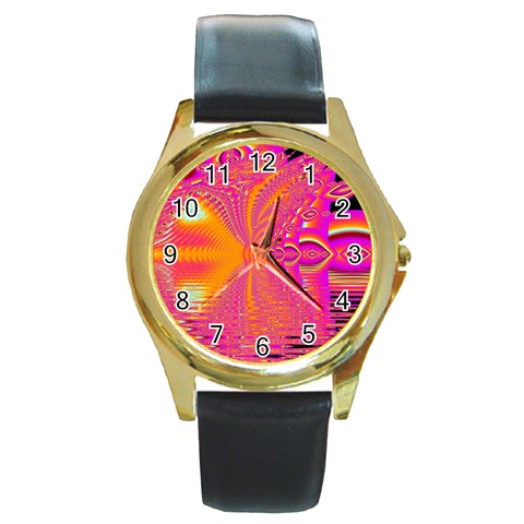 Magenta Boardwalk Carnival, Abstract Ocean Shimmer Round Leather Watch (Gold Rim)  from ArtsNow.com Front
