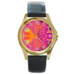 Magenta Boardwalk Carnival, Abstract Ocean Shimmer Round Leather Watch (Gold Rim) Magenta Boardwalk Carnival, Abstract Ocean Shimmer Round Leather Watch (Gold Rim)