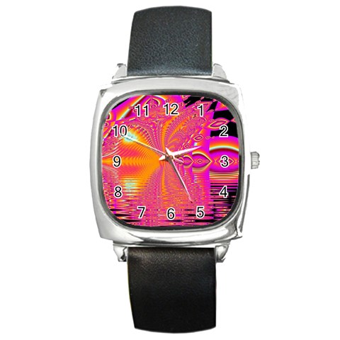 Magenta Boardwalk Carnival, Abstract Ocean Shimmer Square Leather Watch from ArtsNow.com Front