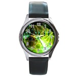 Dawn Of Time, Abstract Lime & Gold Emerge Round Leather Watch (Silver Rim)