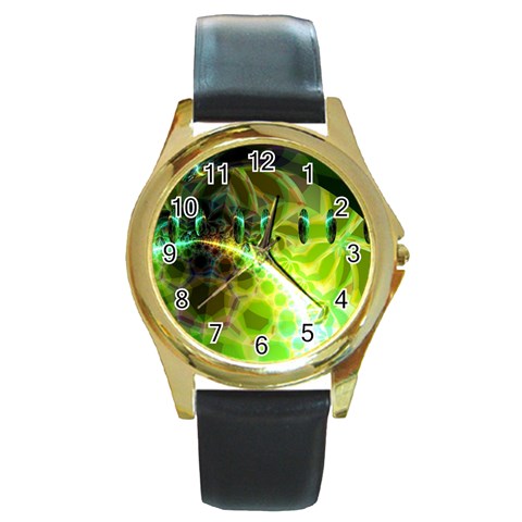 Dawn Of Time, Abstract Lime & Gold Emerge Round Leather Watch (Gold Rim)  from ArtsNow.com Front