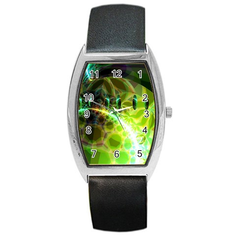 Dawn Of Time, Abstract Lime & Gold Emerge Tonneau Leather Watch from ArtsNow.com Front
