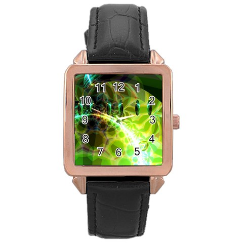 Dawn Of Time, Abstract Lime & Gold Emerge Rose Gold Leather Watch  from ArtsNow.com Front