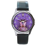 Artsy Purple Awareness Butterfly Round Leather Watch (Silver Rim)