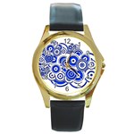 Trippy Blue Swirls Round Leather Watch (Gold Rim) 