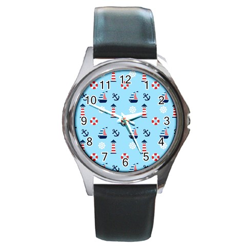 Sailing The Bay Round Leather Watch (Silver Rim) from ArtsNow.com Front