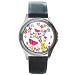 Butterfly Beauty Round Leather Watch (Silver Rim)