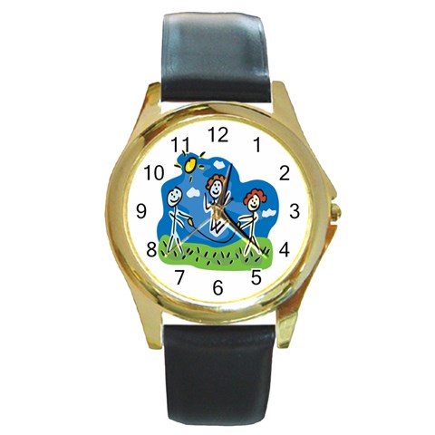 Jump Roping Kids Round Gold Metal Watch from ArtsNow.com Front
