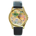 Retro Concert Tickets Round Leather Watch (Gold Rim) 