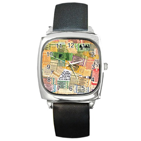 Retro Concert Tickets Square Leather Watch from ArtsNow.com Front