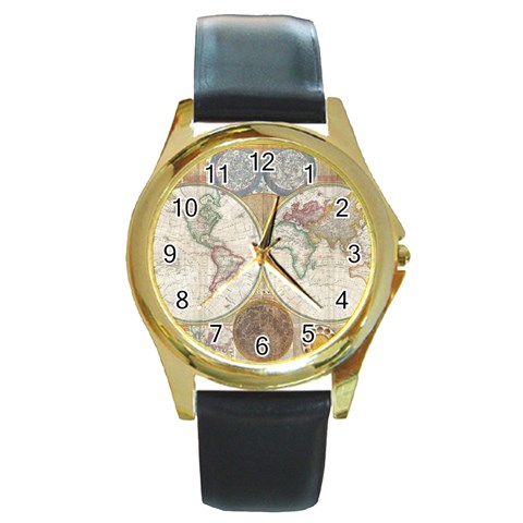 1794 World Map Round Leather Watch (Gold Rim)  from ArtsNow.com Front