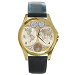 1794 World Map Round Leather Watch (Gold Rim) 