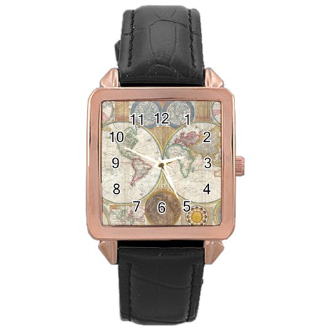 1794 World Map Rose Gold Leather Watch  from ArtsNow.com Front